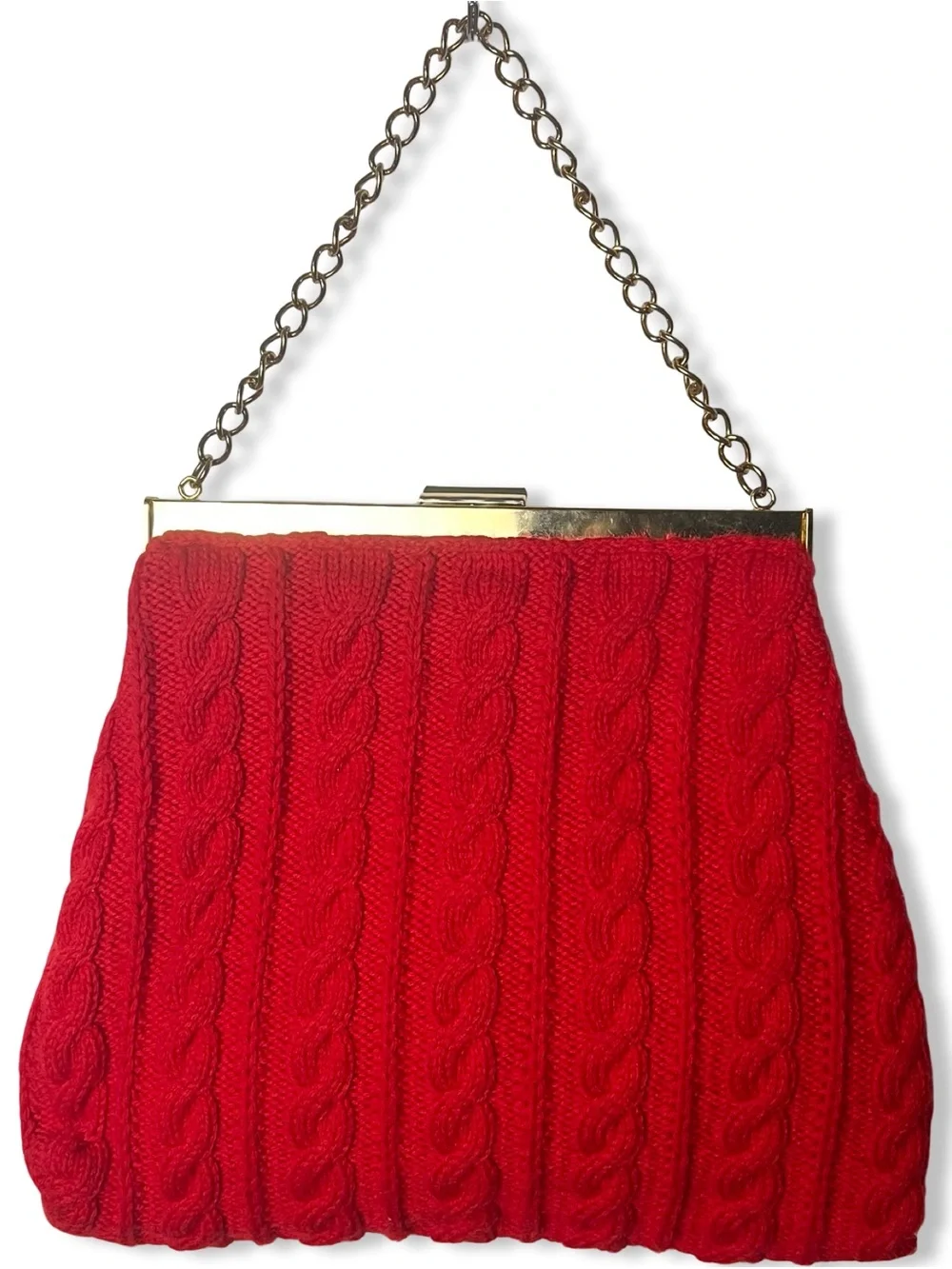 VTG Cable Knit Handbag‎ Red Brass Frame Chain Strap Clutch Purse 70s 80s